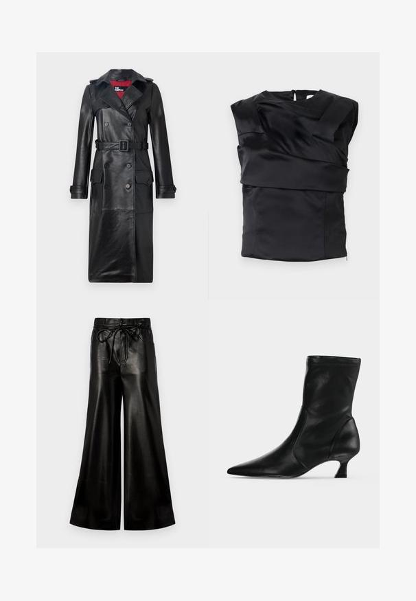 The Kooples Trenchcoat - black; Zwarte satijnen top met een gestructureerd ontwerp, brede schouders en een asymmetrisch voorpaneel, afgesloten met een rits aan de achterkant.; Zwarte leren wijde broek met een verstelbare taille. Glad textuur, hoge taille, losse pasvorm, voorzien van zijzakken en een knoopsluiting.; Zwarte leren midkuitlaars met spitse neus en lage kittenhak, zijaanzicht op een effen lichte achtergrond.