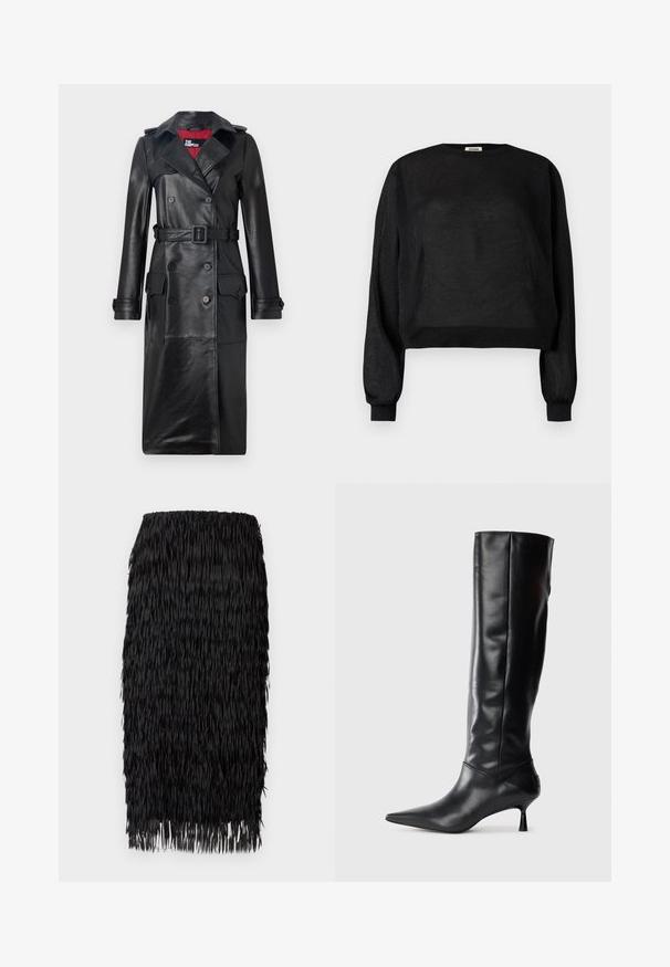 The Kooples Trenchcoat - black; Sort gennemsigtig langærmet sweater med ribstrikkede manchetter og bred skørtkant, rund halsudskæring og diskret glitrende stofdetalje.; Sort frynsekjol lavet af lagdelt, tekstureret stof. Har elastik i taljen og lige kant, hvilket skaber et dristigt og dynamisk udseende.; Sorte læder knæhøje støvler med spids tå og slank buet hæl. Glat tekstur, tætsiddende design og ingen synlig hardware eller mønstre.