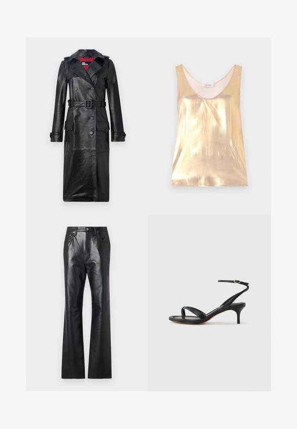 The Kooples Trenchcoat - black; Metallic guld udenærmet top med en dyb scoop-halsudskæring. Glat tekstur, tætsiddende design og en blød inderside.; Sorte læderbukser med en glat tekstur, design med udvidede ben, lynlås foran og bæltestropper. Har diskrete stikninger som accent.; Sort damesandal i læder med tynde remme, en tå-loop, ankelspænde og en mellemhøj stiletthæl på en neutral baggrund.
