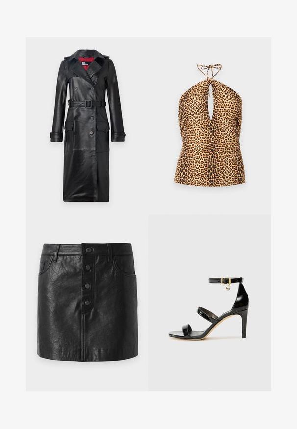 The Kooples Trenchcoat - black; Leopardmuster-Halftertop mit einem Schlüsselloch-Ausschnitt vorne und Bindverschluss am Hals, aus leichtem Stoff.; Schwarzer Lederrock mit hohem Bund, vorderer Knopfverschluss, zwei Seitentaschen und leicht taillierter A-Linie. Strukturierte Oberfläche.; Schwarze Lackleder-Sandale mit drei Riemen, Knöchelriemen und 10 cm hohen Stiletto-Absatz. Verfügt über goldfarbene Hardware-Details und ein Logo-Charm.