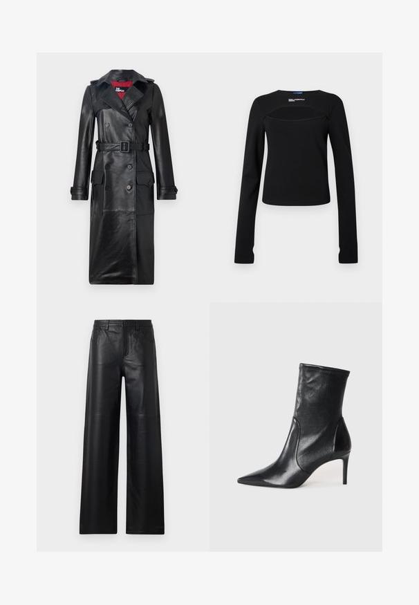 The Kooples Trenchcoat - black; Zwarte longsleeve top met een ronde halslijn, voorzien van een uitsnede aan de voorkant en een soepele textuur. Logo vlakbij de hals.; Zwarte leren broek met wijde pijpen en een gladde textuur, voorzien van voorzakken, een knoopsluiting en subtiele stiksels.; Zwarte enkelboots van soepel leer, met een spitse neus, een aangesloten schacht en een slanke hoge hak. Minimalistisch ontwerp zonder zichtbare hardware.