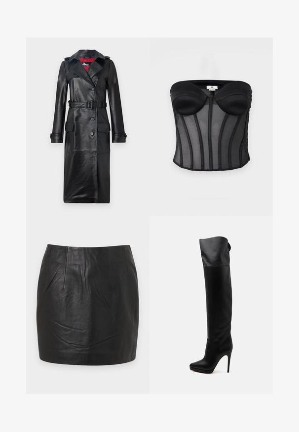 The Kooples Trenchcoat - black; Sort stropløs korsette med polstrede skåle og lodrette bøjler detaljer på gennemsigtigt meshstof.; Sort læder mini nederdel med en glat tekstur, synlige sømdetaljer og lige snitdesign. Ingen lommer eller pynt.; Sort knæhøj læderstøvle med spids tå og høj stiletthæl på hvid baggrund.