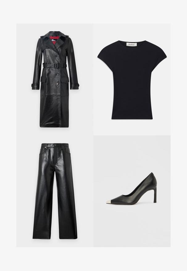 The Kooples Trenchcoat - black; Sort kortærmet top lavet af blødt stof, med rund halsudskæring og en tætsiddende form med diskrete skulderdetaljer. Mærke synligt.; Sorte højtaljede vidde-benet bukser i kunstlæder med forreste knap, lynlåslukning samt for- og baglommer mod en lys grå baggrund.; Sort læder højhælet sko med spids tå og metal-sølv hætte. Har en glat finish og en slank hæl på 10 cm.