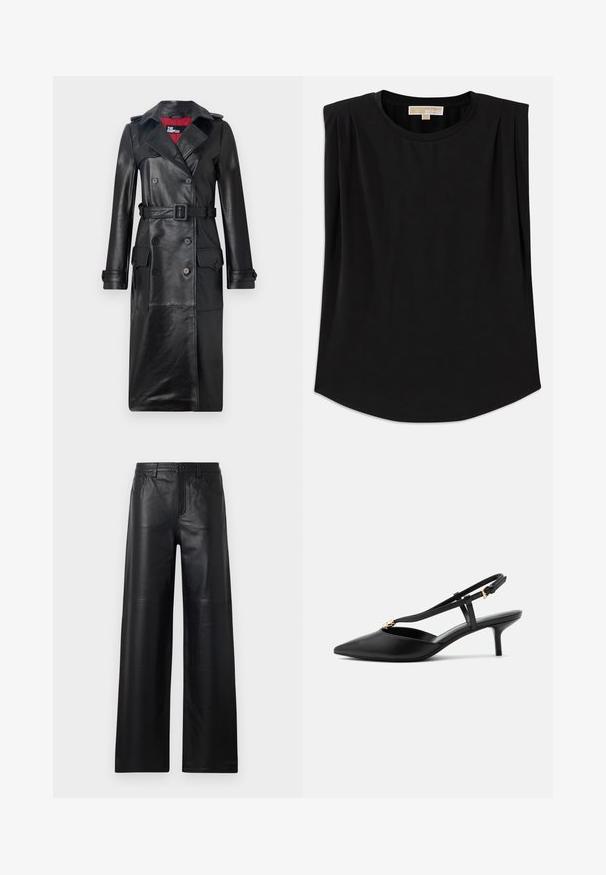 The Kooples Trenchcoat - black; Sort top lavet af blødt stof, med rund halsudskæring, korte ærmer med plisseringer og en let buet nederste kant. Ingen mønstre eller accenter synlige.; Bredde ben sorte læderbukser med en glat tekstur, der har frontlommer, knaplukning og subtile syninger.; Sort læder slingback kitten heel med spids tå, slank T-rem, justerbar spænde og lille guldfinish på remmen.
