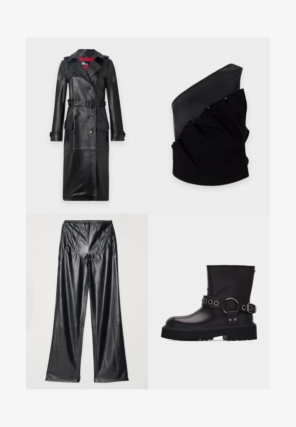 The Kooples Trenchcoat - black; Asymmetrisches schwarzes Oberteil mit einem glatten Lederpanel und strukturiertem Strickstoff, der mit Raffung und Druckknöpfen verziert ist.; Schwarze Kunstlederhosen mit glatter Textur, weitem Bein und genähten Details entlang der Taille und Seiten. Flach liegende Präsentation.; Schwarzer Lederstiefel bis zur Mitte der Wade mit dicker Profilsohle, dekorativem Riemen mit silbernen Metallösen und Schnalle an der Seite.
