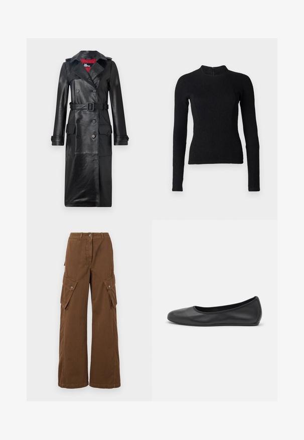 The Kooples Trenchcoat - black; Schwarzes Langarmoberteil mit einer figurbetonten Passform, strukturiertem Stoff und hochgeschnittenem Kragen. Verfügt über einen verdeckten Reißverschluss im Rücken zur Befestigung.; Weekend Max Mara LUCY HALE ELVY - Cargohose - marrone; Schwarze Leder-Ballettschuhe mit abgerundeter Spitze, glatter Textur, minimalen Nähdetails und einem flexiblen Sohlen-Design.
