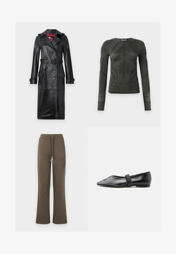 The Kooples Trenchcoat - black; Dunkelgrünes Langarmoberteil aus elastischem Stoff mit strukturierten Mustern und gerippten Details an den Ärmeln und am Torso.; Braune Sweatpants mit weitem Bein, elastischem Bund, verstellbarem Kordelzug und dezentem Stickdetail am oberen linken Oberschenkel.; Schwarzer flacher Lederschuh mit gerafftem Riemen über dem Spann und leicht spitzer Spitze, vor einfachem Hintergrund abgebildet.