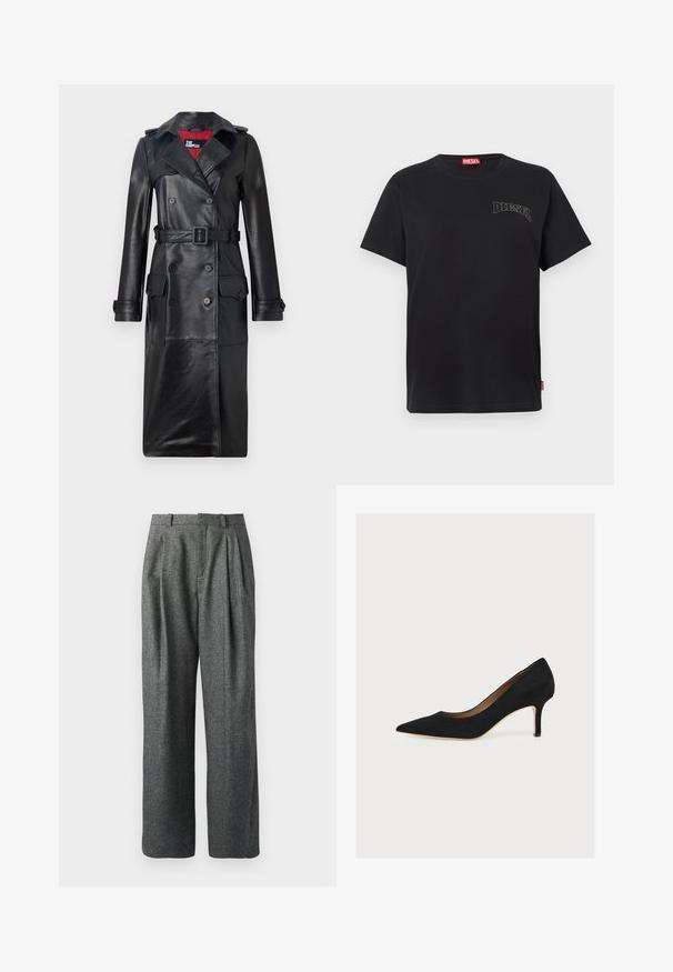 The Kooples Trenchcoat - black; Schwarzes T-Shirt mit kurzen Ärmeln, auf der oberen linken Brust mit dem Diesel-Logo bedruckt und einem roten Diesel-Etikett an der unteren Seitennaht.; DRYKORN INK - Stoffhose - grey; Schwarzer Wildleder-Pumps mit spitzer Zehenpartie, mittelhohem Stilettoabsatz und hellbrauner Innensohle auf hellem Hintergrund.