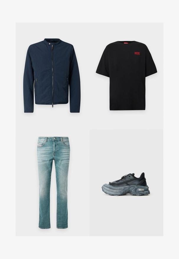 Navyblå letvægtsjakke med høj krave, lynlås foran og to sidelommer. Har et struktureret stof for et afslappet look.; Sort T-shirt lavet af bomuld, med korte ærmer, rund halsudskæring og en rød "DIESEL"-logo på venstre brystområde.; Lyseblå denimjeans med lige pasform, fem lommer, subtilt slid og en klassisk knaplukning i taljen.; Sort og grå Diesel sneakers med tyk sål, snørrebåndslukning og tekstureret design på en ensfarvet lysegrå baggrund.