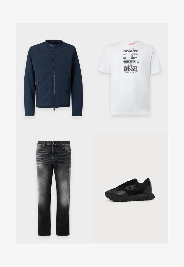 Navyblå letvægtsjakke med høj krave, lynlås foran og to sidelommer. Har et struktureret stof for et afslappet look.; Hvid bomulds-T-shirt med fed sort typografi med ordene "BRAVES" og "DIE-SEL INDUSTRY" samt et semi-transparent udskåret design.; Sorte jeans med en falmet finish og slidte detaljer, standard fem-pockets design og lynlås. Lavet af denim stof.; Sort lavt snøresko med struktureret sål, mesh- og læderoverdel, snørebånd foran og et lille præget logo på sidepanelet.
