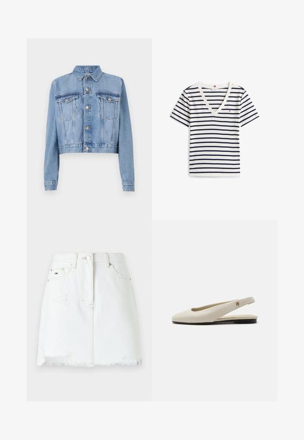 Veste en denim bleu clair coupée avec un devant à boutons, deux poches poitrine et un col. Présente une texture délavée et des détails de couture visibles.; T-shirt blanc à manches courtes col en V avec des rayures horizontales bleu marine et un petit logo brodé sur le côté gauche de la poitrine.; Jupe en denim blanc mini avec ourlet effiloché, détails usés et poches avant. Présente une fermeture à bouton et des accents de couture visibles.; Chaussure plate slingback en cuir couleur crème avec un bout arrondi et un petit emblème doré sur la bride.