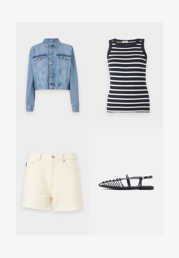 Veste en denim bleu clair coupée avec un devant à boutons, deux poches poitrine et un col. Présente une texture délavée et des détails de couture visibles.; Débardeur rayé bleu marine et blanc en tissu côtelé, avec un col rond et une conception sans manches.; Shorts en denim crème avec une coupe droite, présentant une fermeture par bouton à l'avant et un design à cinq poches. Tissu texturé avec des détails de couture.; Sandale plate noire avec plusieurs fines lanières, bride à boucle à la cheville et design cage à bout ouvert sur fond blanc.