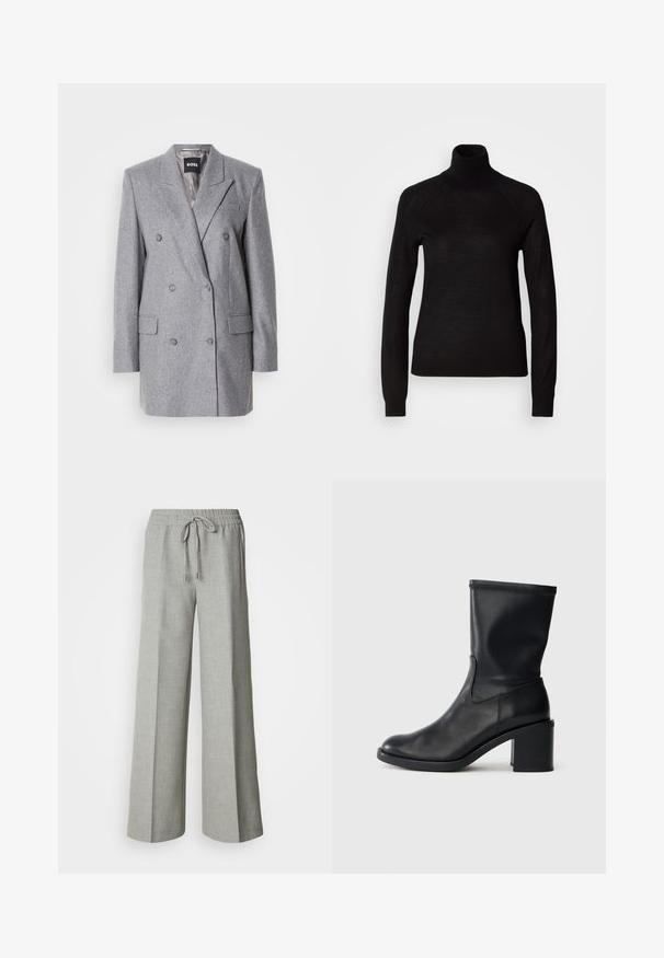 Grå dobbeltbrystet blazer med en tekstureret stof, skrå lapels, to frontlommer og tre grå knapper. Indvendig foring er lys grå.; Sort turtleneck sweater lavet af et let strikket stof. Har lange ærmer og en tætsiddende silhuet med raglan-sømme.; Lysegrå bukser med brede ben, elastisk taljebånd med snøre, forlommer og et subtilt tekstureret stof.; Sort læder ankelstøvle med rund tå, glat tekstur og en grov hæl, der har et tætsiddende skaft og subtil syning.