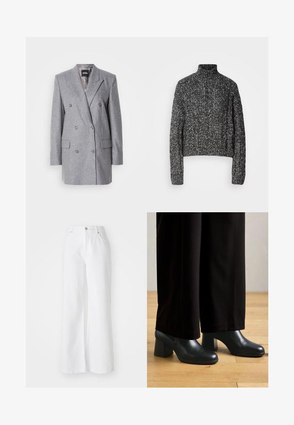 Grau doppelt knüpfiger Blazer aus strukturiertem Stoff, mit Reverskragen, zwei vorderen Taschen und drei grauen Knöpfen. Das Innenfutter ist hellgrau.; Chunky Rollkragenpullover aus einem schwarz-grauen Melange-Strick. Er hat eine cropped Länge und gerippte Bündchen mit einem strukturierten Kabelmuster.; Weiße Denim-Hosen mit weitem Bein und hoher Taille, ausgestattet mit vorderen Taschen und silberner Knopfleiste. Die Textur ist glatt und einfarbig.; Schwarze Lederstiefeletten mit runder Zehenform und Blockabsatz, kombiniert mit lockeren schwarzen Hosen, vor einem Holzboden-Hintergrund.