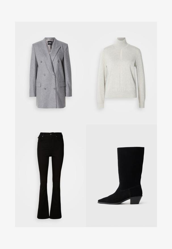 Grå dobbeltbrystet blazer med en tekstureret stof, skrå lapels, to frontlommer og tre grå knapper. Indvendig foring er lys grå.; Lys grå sweater med høj krave og kvart lynlås. Lavet af et blødt, struktureret materiale, der har lange ærmer og en tætsiddende kant.; Sorte flare jeans lavet af denim, med høj talje, forlommer og et klassisk fem-lomme design med metalhardware detaljer.; Sort ruskind ankelstøvle med spidse tæer, mellemhøj skaft og en chunky hæl. Fuldender et minimalistisk design med lidt syninger og en glat tekstur.