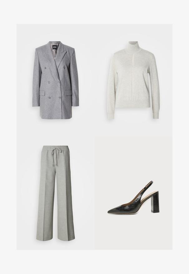 Grå dobbeltbrystet blazer med en tekstureret stof, skrå lapels, to frontlommer og tre grå knapper. Indvendig foring er lys grå.; Lys grå sweater med høj krave og kvart lynlås. Lavet af et blødt, struktureret materiale, der har lange ærmer og en tætsiddende kant.; Lysegrå bukser med brede ben, elastisk taljebånd med snøre, forlommer og et subtilt tekstureret stof.; Sort læder peep-toe slingback sko med høj blokhæl og beige indvendig foring mod en ensfarvet lys baggrund.