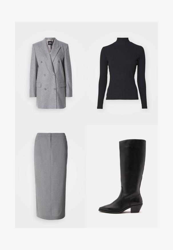 Blazer gris à double boutonnage en tissu texturé, avec des revers crantés, deux poches avant et trois boutons gris. Doublure intérieure de couleur gris clair.; Haut noir à col roulé côtelé avec des manches longues. Fabriqué en tissu extensible avec une coupe ajustée et un col montant. Design simple sans embellissements.; Jupe crayon grise en tissu texturé, dotée d'une coupe droite, d'une fente au dos et d'une fermeture éclair dissimulée à l'arrière.; Botte en cuir noire mi-mollet avec un bout pointu et un talon bas incliné sur un fond clair uni.