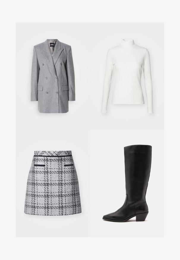 Grå dobbeltbrystet blazer med en tekstureret stof, skrå lapels, to frontlommer og tre grå knapper. Indvendig foring er lys grå.; Hvid ribbet turtleneck blouse med lange ærmer, lavet af elastisk stof. Har et tætsiddende design og høj hals for god dækning.; Gråternet nederdel i struktureret stof, tætsiddende pasform og sort kant. Inkluderer to forlommer med sort detaljering.; Sort læderstøvle til midtkalv med spids tå og lavt skråt hæl på en enkel lys baggrund.