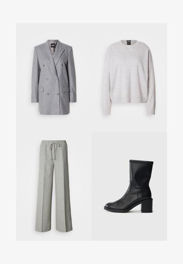 Blazer gris à double boutonnage en tissu texturé, avec des revers crantés, deux poches avant et trois boutons gris. Doublure intérieure de couleur gris clair.; BOSS FASCONA - Pullover - light pastel grey; Pantalon ample gris clair avec taille élastique et cordon de serrage, poches avant, et tissu texturé subtil.; Botte en cuir noir à cheville avec un bout rond, texture lisse et un talon épais, présentant un tige ajustée et un subtil détail de couture.