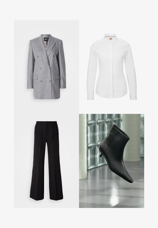 Blazer gris à double boutonnage en tissu texturé, avec des revers crantés, deux poches avant et trois boutons gris. Doublure intérieure de couleur gris clair.; Chemise blanche à manches longues, en coton crisp, avec un col classique, une patte de boutonnage à l'avant et une coupe ajustée. Texture lisse, sans motifs.; Pantalons noirs en tissu lisse, avec une taille haute, une coupe évasée et deux plis sur le devant pour un détail de conception supplémentaire.; Bottine en cuir noir à bout pointu et petit talon kitten, présentée en angle devant un sol poli et un mur en blocs de verre.