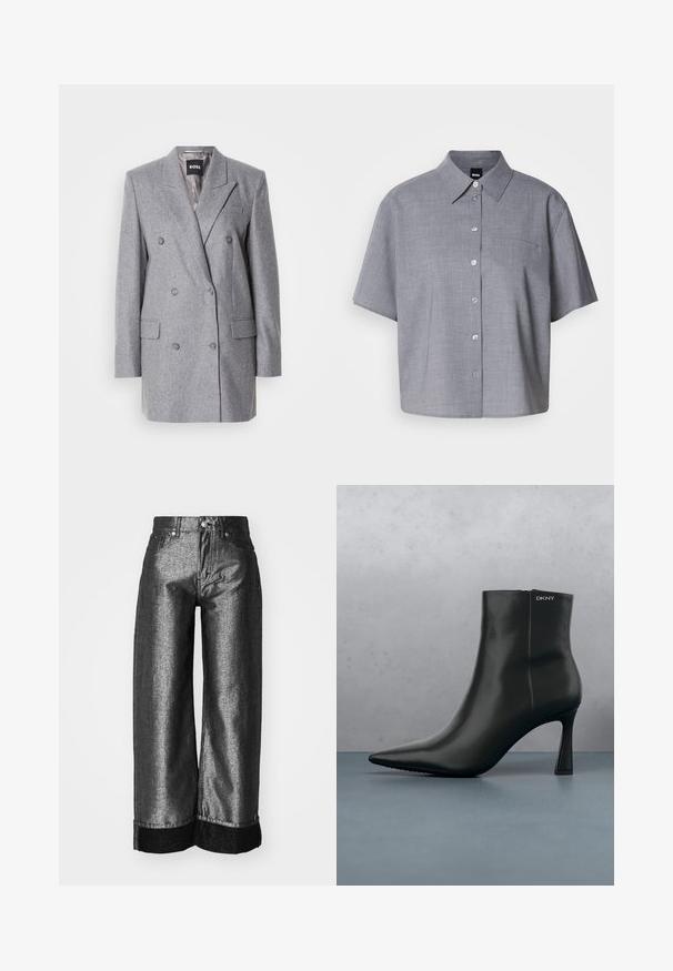 Grå dobbeltbrystet blazer med en tekstureret stof, skrå lapels, to frontlommer og tre grå knapper. Indvendig foring er lys grå.; Grå kortærmet skjorte lavet af letvægtsstof, med krave, knaplukning foran, en enkelt brystlomme og en afslappet pasform.; Breddebenede jeans i metallisk mørkegrå denim med en glat tekstur. Har en sort denimmanchet og standard knap-og-lynlås lukning med bæltestropper.; Sort læder ankelstøvle med spids tå og geometrisk hæl. Har subtil branding og en glat overflade. Baggrunden består af strukturerede fliser.