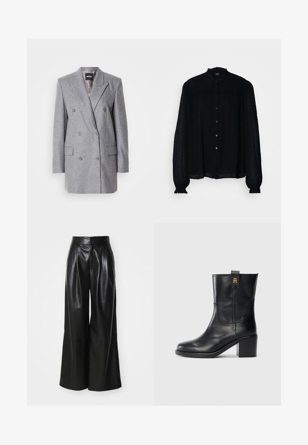 Grau doppelt knüpfiger Blazer aus strukturiertem Stoff, mit Reverskragen, zwei vorderen Taschen und drei grauen Knöpfen. Das Innenfutter ist hellgrau.; Schwarze Bluse mit hohem Kragen, langen durchsichtigen Ärmeln, Knopfverschluss vorne und strukturierter Pünktchenstoff. Mit Raffungen entlang des Schulterausschnitts.; Schwarze Kunstleder-Hosen mit weit geschnittenem Bein, hoher Taille, plissierter Vorderseite und glatter Textur. Verfügt über ein sauberes, minimalistisches Design.; Schwarze Lederstiefel bis zur Wade mit Blockabsatz und goldenem "TH"-Logo an der Zuglasche vor weißem Hintergrund.