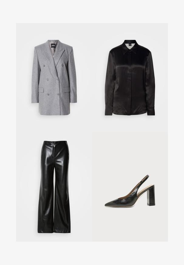 Grijs dubbelgebreid colbert van een textuurstof, met gepunte revers, twee voorzakken en drie grijze knopen. De binnenvoering is lichtgrijs.; Zwarte satin lange mouwen blouse met een puntige kraag, knoopsluiting aan de voorkant en manchetten. Glad textuur en minimalistisch ontwerp.; Zwarte leren wijde broek met een gladde textuur, hoge taille en een verborgen ritssluiting aan de voorkant. Tailored fit met een nette afwerking.; Zwarte leren slingback schoen met spits toelopend neusje, hoge blokhak en beige binnenvoering tegen een effen lichte achtergrond.