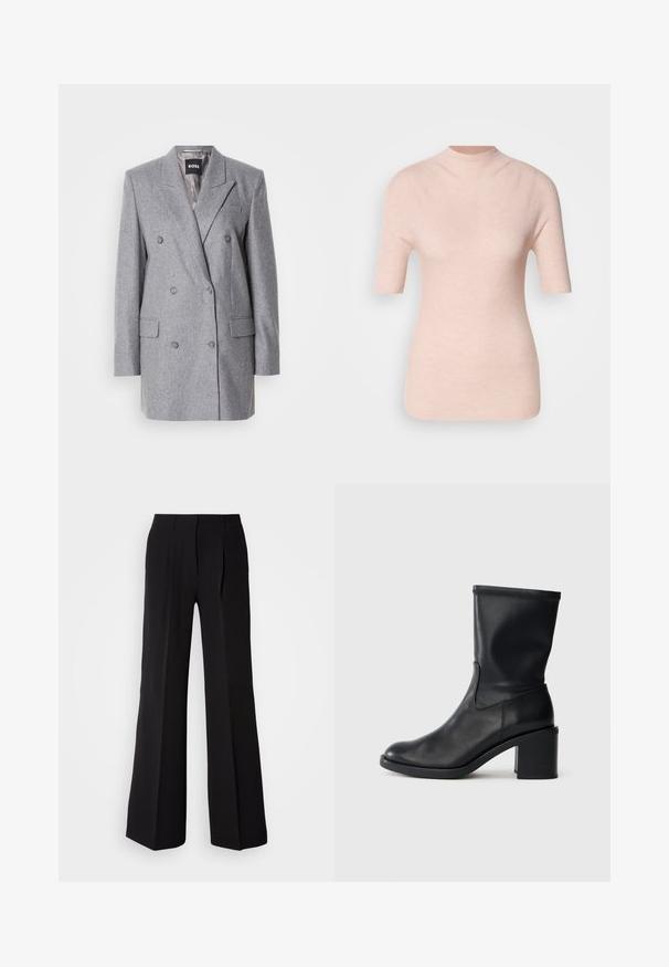 Blazer gris à double boutonnage en tissu texturé, avec des revers crantés, deux poches avant et trois boutons gris. Doublure intérieure de couleur gris clair.; Haut rose clair à manches courtes avec un col montant, présentant un motif côtelé texturé sur un fond neutre.; Pantalons noirs en tissu lisse, avec une taille haute, une coupe évasée et deux plis sur le devant pour un détail de conception supplémentaire.; Botte en cuir noir à cheville avec un bout rond, texture lisse et un talon épais, présentant un tige ajustée et un subtil détail de couture.