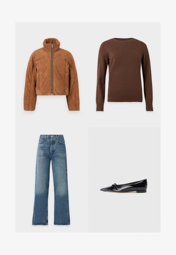 Veste courte en suédine marron avec col montant, fermeture éclair frontale et poches latérales. Présente un design minimaliste avec des détails de couture subtils.; Pull marron à manches longues, col rond, avec poignets et ourlet côtelés, présenté sur un fond clair uni.; Jean en denim bleu à coupe droite, taille mi-haute, fermeture par bouton et zip, avec poches avant, présenté sur un fond uni.; Chaussure plate en cuir verni noir avec un bout pointu, une petite lanière décorative et un petit talon carré. Texture lisse et design épuré.
