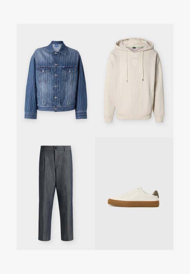 Blå denimjakke med lodrette hvide striber, to brystlommer, knaplukning og klassisk krave. HUGO-logo på mærket.; Beige hættetrøje med et tekstureret design, der har en frontlomme, snoretræk og et skjoldlogo på brystet. Blødt stoffinish.; Mørkegrå formelle bukser med lige snit, bæltestropper, forreste læg og knaplukning i taljen.; Hvide lædersneakers med rund tå, gummisål og olivengrøn hælaccent. Har snørelukning og minimal syning.