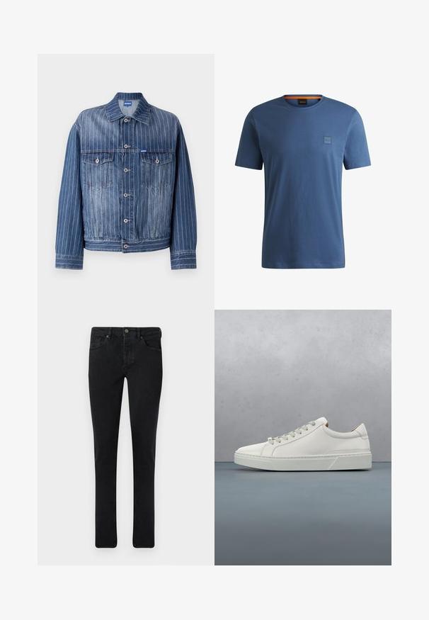 Blauwe spijkerjas met verticale witte streepjes, twee borstzakken, knoopsluiting en een klassieke kraag. HUGO-logo op het label.; Blauwe katoenen t-shirt met een ronde halslijn, korte mouwen en een klein, reliëflogo in een vierkant. De binnenkant van de kraag heeft een oranje accent.; Donkerdenim jeans met een slim fit, vijf-pocket ontwerp en een metalen knoopsluiting. Glad oppervlak en uniforme kleur overal.; Witte leren sneaker met een ronde neus, minimalistisch ontwerp, grijze veters en een gestructureerde grijze rubberen zool. Fijne stikdetails zichtbaar.