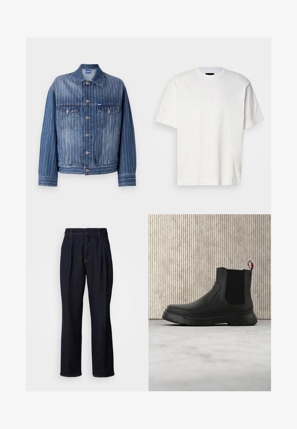 Blå denimjakke med lodrette hvide striber, to brystlommer, knaplukning og klassisk krave. HUGO-logo på mærket.; Hvid bomulds T-shirt med rund hals, korte ærmer og præget cirkulært logo på venstre bryst. Glat tekstur og normale pasform.; Mørkeblå vidde denim jeans med frontfældninger og orange syninger, vist på hvid baggrund.; Sort ankelstøvle med en glat overflade, elastiske sidepaneler og en kontrasterende rød træksløjfe, der har en tyk gummisål og rund tå.