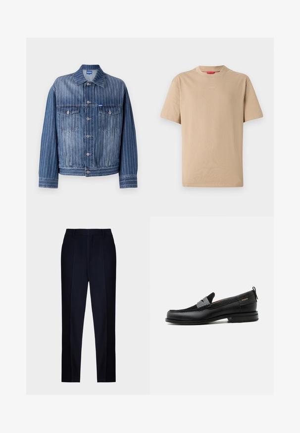Blaue Jeansjacke mit vertikalen weißen Streifen, zwei Brusttaschen, Knopfverschluss und klassischem Kragen. HUGO-Logo auf dem Etikett.; Beige Baumwoll-T-Shirt mit kurzen Ärmeln, Rundhalsausschnitt und dezentem "HUGO"-Logo in der Mitte. Angenehme Textur, legerer Schnitt.; Navyblaue maßgeschneiderte Hose mit einer glatten Textur, flachem Bund, Gürtelschlaufen und einem schlanken, schmal zulaufenden Bein.; Schwarzer Lederloafer mit grauem Riemendetail, niedrigem Absatz und strukturierter Sohle, seitlich mit „HUGO“ in Gold gebrandmarkt.