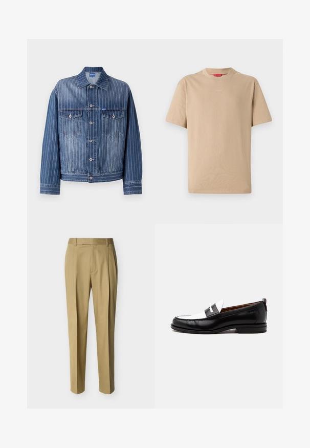 Blå denimjakke med lodrette hvide striber, to brystlommer, knaplukning og klassisk krave. HUGO-logo på mærket.; Beige bomulds T-shirt med korte ærmer, rund halsudskæring og subtilt "HUGO" logo i midten. Glat overflade, afslappet pasform.; Beige skræddersyede bukser med bæltestropper og frontlæg, vist mod en ensartet lys baggrund.; Sort-hvid læderloafer med syning, lav hæl og slip-on design, vist fra siden på en ensfarvet baggrund.