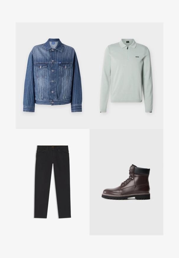 Blauwe spijkerjas met verticale witte streepjes, twee borstzakken, knoopsluiting en een klassieke kraag. HUGO-logo op het label.; Lichtgrijs poloshirt met lange mouwen, een kwartrits, geribbelde manchetten en zoom, en het "BOSS"-logo op de linkerbovenkant.; Zwarte jeans met rechte pijpen, vijf zakken, riemlussen en een knoopsluiting, plat neergelegd op een witte achtergrond.; Bruine leren enkellaars met zwarte gewatteerde kraag, stevige zool, metalen oogjes en bicolor veters tegen een plain grijze achtergrond.