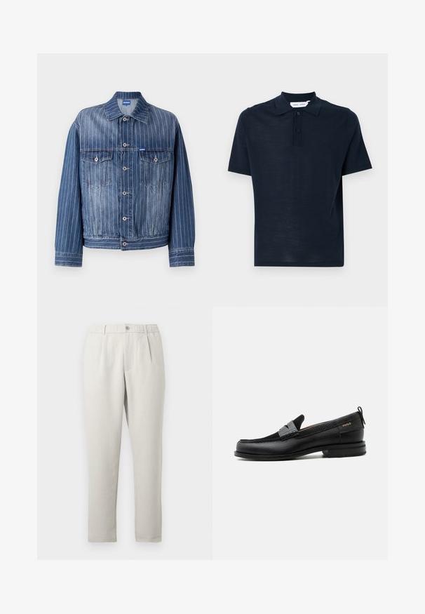 Blå denimjakke med lodrette hvide striber, to brystlommer, knaplukning og klassisk krave. HUGO-logo på mærket.; Marineblå polo skjorte i blødt materiale, korte ærmer, klassisk krave, tre-knaps lukning og en afslappet pasform.; Lyse beige bukser med løs pasform og let skær, med elastisk talje, forlommer og et taperet ben design.; Sort læderloafer med grå remdetalje, lav hæl og tekstureret sål, mærket med "HUGO" i guld på siden.