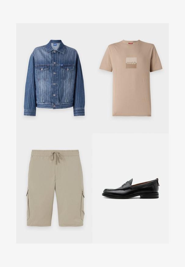 Veste en denim bleu avec des rayures blanches verticales, deux poches poitrine, fermetures à boutons et un col classique. Logo HUGO sur l'étiquette.; T-shirt beige en coton, avec un logo carré dans des teintes blanches et marron clair. Manches courtes, col rond, coupe standard.; Shorts cargo beiges avec une taille élastique et un cordon de serrage. Comprend des poches latérales et un tissu lisse et léger.; Mocassin homme en cuir noir avec couture moc toe, bride penny, col texturé et petit talon empilé sur fond blanc.