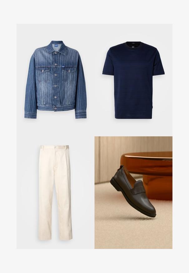 Chaqueta de mezclilla azul con rayas blancas verticales, dos bolsillos en el pecho, cierre de botones y un cuello clásico. Logotipo HUGO en la etiqueta.; Camiseta de manga corta azul marino con un sutil patrón de rayas y cuello redondo. Fabricada en tejido suave, cuenta con una pequeña etiqueta con el logotipo en el lateral.; Pantalones de algodón beige con corte recto, que cuentan con un cierre de botón y pliegues en la parte frontal para un detalle adicional.; Mocasín de cuero marrón oscuro con un tacón bajo flotando sobre una alfombra beige, junto a una mesa brillante, redondeada y de color ámbar.