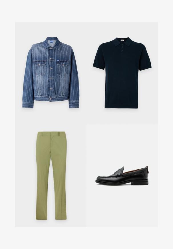 Blaue Jeansjacke mit vertikalen weißen Streifen, zwei Brusttaschen, Knopfverschluss und klassischem Kragen. HUGO-Logo auf dem Etikett.; Marineblaue Polohemden mit kurzen Ärmeln, aus strukturiertem Stoff, mit einer Dreiknopf-Leiste sowie gestricktem Kragen und Bündchen.; Slim-fit olivgrüne Hose mit Gürtelschlaufen, Frontreißverschluss und geraden Beinen, flach auf hellem Hintergrund liegend.; Schwarzer Leder-Herrenschuh mit Mokassinnaht, Penny-Riemen, strukturiertem Kragen und niedrigem gestapeltem Absatz auf weißem Hintergrund.