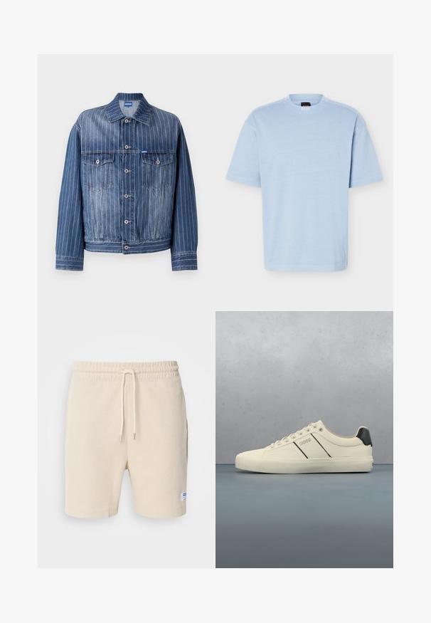 Chaqueta de mezclilla azul con rayas blancas verticales, dos bolsillos en el pecho, cierre de botones y un cuello clásico. Logotipo HUGO en la etiqueta.; Camiseta de manga corta y cuello redondo en azul claro, con tela suave y ajuste relajado, que muestra una pequeña etiqueta de marca negra y naranja en el interior del cuello.; Pantalones cortos color crema hechos de tela texturizada. Presentan una cintura elástica con cordón y bolsillos laterales. Etiqueta pequeña en el dobladillo.; Zapatillas de color crema con una textura suave, que presentan acentos y marcas en negro. Diseño clásico de cordones con punta redonda y suela de goma.