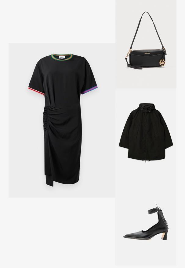 Veste noire légère avec fermeture éclair, capuche à cordons de serrage et coupe large et décontractée. Présente des détails plissés sur le devant et une texture lisse.; Robe midi noire à manches courtes avec détail froncé sur le côté gauche, bordure de cou verte et orange, bordure de manche droite rouge et blanche, bordure de manche gauche bleue et rose.; Chaussure noire en cuir à talon bas avec bout pointu, détail lacé à l'arrière et bride autour de la cheville sur un fond blanc uni.; Sac à bandoulière en cuir noir Michael Kors avec breloque logo dorée, fermeture éclair dorée et bandoulière réglable sur fond uni.