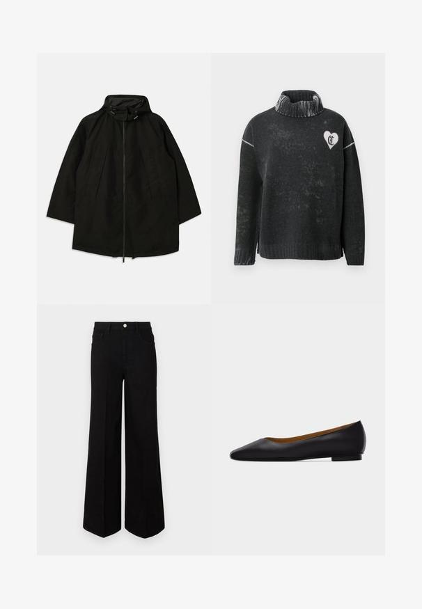 Chaqueta ligera negra con cierre de cremallera, capucha con cordones y un ajuste amplio y suelto. Cuenta con detalle en la parte delantera con pliegues y una textura suave.; Suéter negro de cuello alto, con un diseño de corazón blanco y letras en el pecho. Fabricado con un material suave y con un acabado texturizado.; Pantalones de mezclilla negros de pierna ancha, hechos de una tela resistente, con una cintura alta, bolsillos frontales y un cierre de botón en la parte delantera. Dobladillo recto en la parte inferior.; Zapato plano de punta puntiaguda de cuero negro con tacón bajo y acabado liso, mostrado de perfil sobre un fondo gris claro.