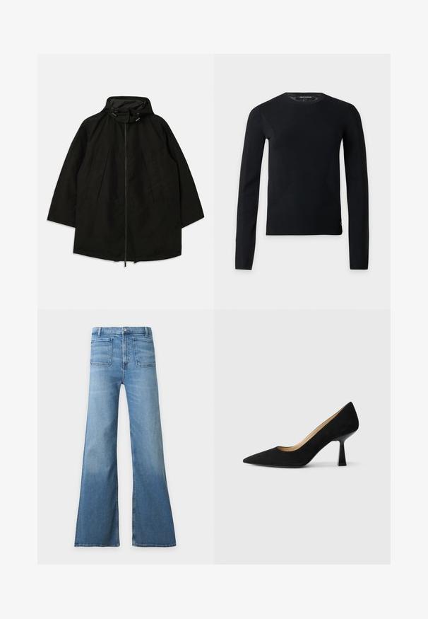 Sort letvægtsjakke med lynlås, hætte med snoretræk og bred, løs pasform. Har plisseret frontdetalje og en glat tekstur.; Sort langærmet crewneck sweater med slim pasform og subtile syningsdetaljer, vist på en ensfarvet lys baggrund.; Højtaljede lyseblå denimjeans med brede vidde ben og forlommer med lap, knaplukning og bæltestropper.; Sorte ruskinds højhælede pumps med spids tå, der har en blank sort blokhæl og en glat indvendig foring.