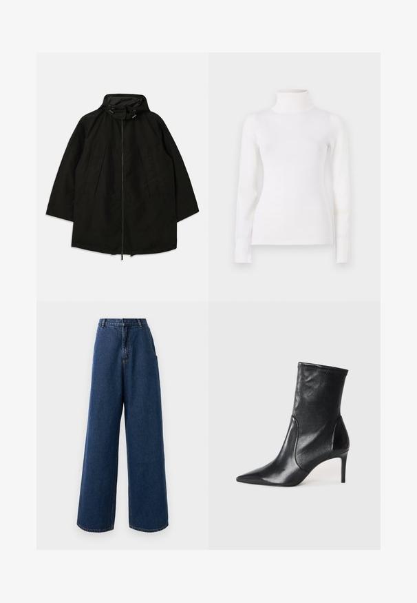 Sort letvægtsjakke med lynlås, hætte med snoretræk og bred, løs pasform. Har plisseret frontdetalje og en glat tekstur.; Hvid turtleneck sweater, tætsiddende design, lange ærmer, blød tekstur, glat stof, minimal detaljer, ribbede manchetter og krave.; Højtaljede brede jeans i mørkeblå denim med frontknap og lynlås, bæltestropper og sidelommer.; Sorte ankelstøvler lavet af glat læder, med spids tå, tætsiddende skaft og en slank høj hæl. Minimalistisk design uden synligt hardware.