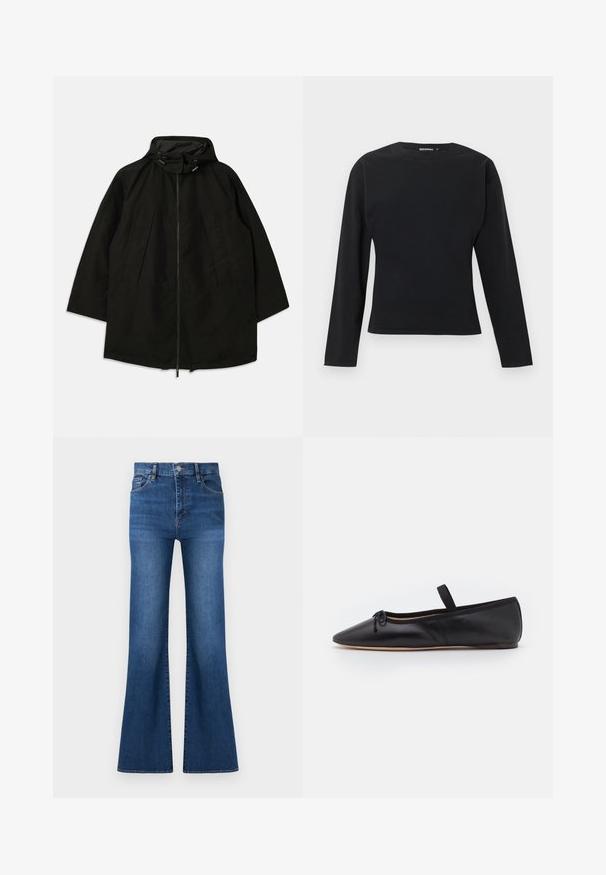Chaqueta ligera negra con cierre de cremallera, capucha con cordones y un ajuste amplio y suelto. Cuenta con detalle en la parte delantera con pliegues y una textura suave.; Top negro ajustado de manga larga con cuello redondo y diseño sencillo, mostrado sobre un fondo gris claro.; Vaqueros de mezclilla azul de tiro alto con cierre de botones, bolsillos delanteros y piernas anchas ligeramente acampanadas sobre un fondo blanco.; Bailarinas de cuero negro con punta afilada, detalle de lazo en la parte frontal, tira elástica y diseño minimalista. Textura suave con suela flexible.
