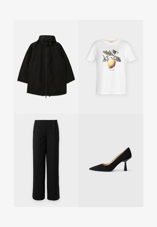 Chaqueta ligera negra con cierre de cremallera, capucha con cordones y un ajuste amplio y suelto. Cuenta con detalle en la parte delantera con pliegues y una textura suave.; Camiseta blanca de manga corta con un limón amarillo y hojas verdes impresos, superpuesta con texto negro que dice "MOS MOSH" y "EST. 2010."; Pantalones anchos negros hechos de una tela suave, con una cintura alta y cinco botones frontales para el cierre. Diseño elegante y a medida.; Zapato de tacón alto de ante negro con punta afilada, que cuenta con un tacón de bloque negro brillante y un forro interior suave.