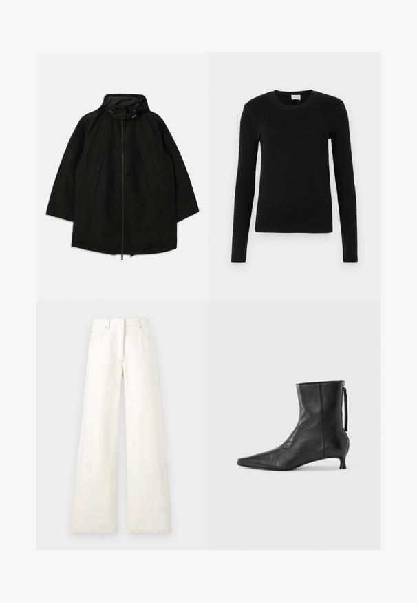 Must must jacket, mille pehmendava lahtine, kapuutsiga ja nööridega. Omab volditud esiosa ja sujuvat tekstuuri.; Must have pikka must T-särk, mis on valmistatud pehmest ja siledast kangast. Omab ümmargust kaelust ja seetükki istuvat lõiget, ilma nähtavate musterite või aktsentideta.; Laia, kreemjas värvis denimist püksid, millel on nähtavad õmblused ja taskud. Disain sisaldab kõrget vööd ja sirget lõiget.; Must nahast anklasaabas terava nina, struktureeritud kujuga ja madala kontsaga. Omab külgmist tõmblukku ja minimalistlikku disaini.