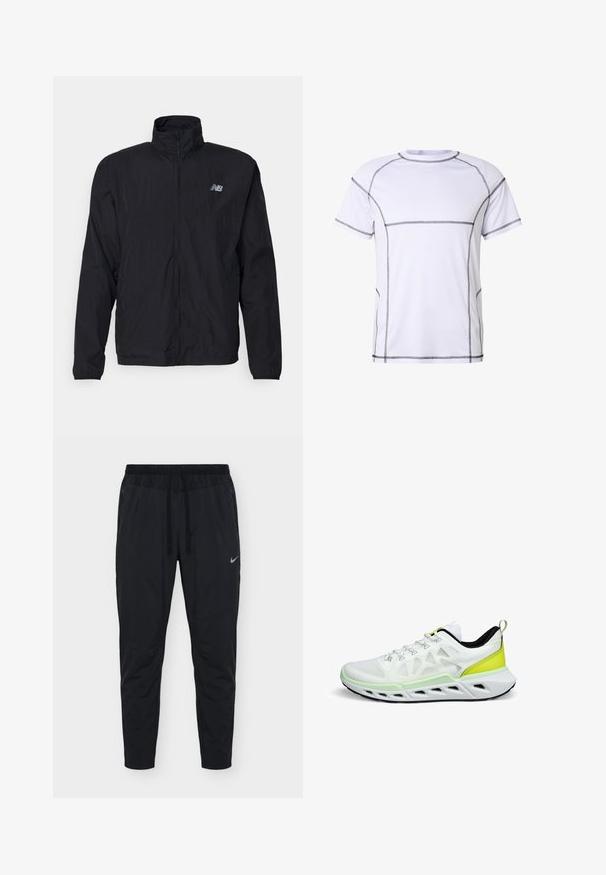 Veste noire légère avec fermeture éclair intégrale devant, col montant, manches longues et petit logo New Balance sur la poitrine gauche.; T-shirt de sport blanc à manches courtes avec des coutures contrastantes noires soulignant les coutures aux épaules, manches, poitrine, côtés et ourlet.; Pantalon de sport noir pour homme avec taille réglable par cordon, poches latérales zippées et petit logo Nike sur la cuisse droite.; Chaussure de sport blanche avec tige en mesh, accents jaune-vert, et une semelle épaisse et rembourrée présentant des sections découpées pour la respirabilité.