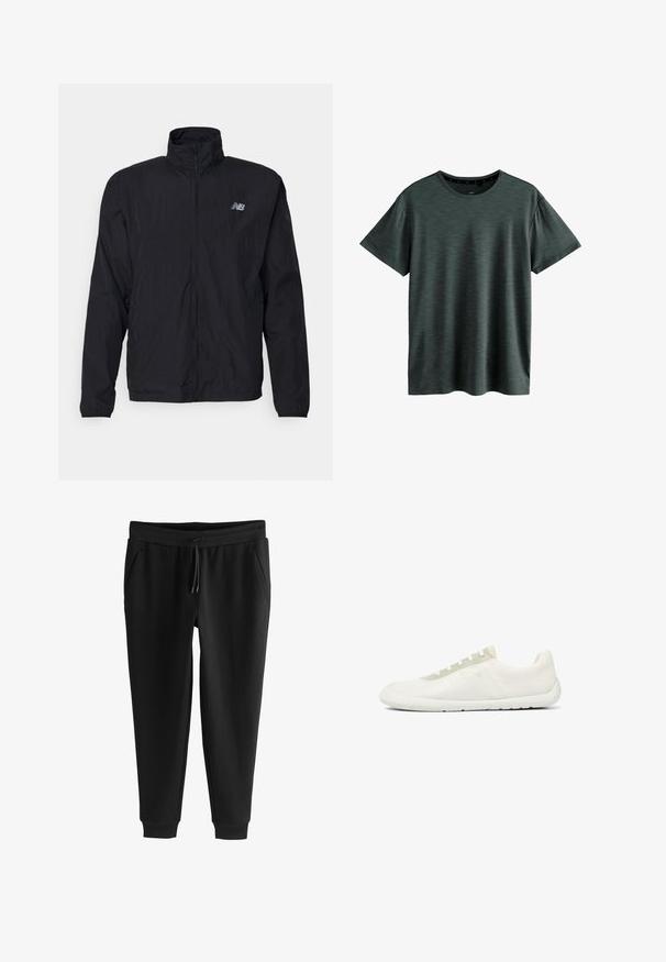 Must kevyt takki, jossa täysipitkä vetoketju edessä, korkea kaulus, pitkät hihat ja pieni New Balance -logo vasemmassa rinnassa.; Tummaharmaa T-paita, joka on valmistettu pehmeästä, tekstuurisesta kankaasta. Ominaisuuksiin kuuluu klassinen pyöreä kaula-aukko ja lyhyet hihat, joissa on hillitty kuvio. Ei näkyviä logoja.; Musta kartiomainen verkkarihousut joustavalla vyötäröllä, kiristysnauhalla, sivutaskuilla ja resorilla nilkoissa, asetettuna tasaisesti valkoiselle taustalle.; Minimalistinen valkoinen matala tennari, jossa teksturoitu verkkokangas, valkoinen pohja ja vaaleanbeige nauhapaneeli.