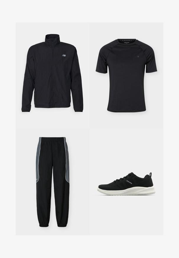 Veste noire légère avec fermeture éclair intégrale devant, col montant, manches longues et petit logo New Balance sur la poitrine gauche.; T-shirt de sport noir à manches courtes avec col rond et petit logo sur la poitrine gauche, présenté sur un fond clair uni.; Pantalon de survêtement noir avec des panneaux latéraux gris foncé et un liseré blanc, taille et poignets élastiques, présenté sur un fond blanc.; Chaussures de sport noires avec un dessus en maille texturée, semelle blanche contrastante et design incurvé. Présente un système de laçage et un détail de logo.